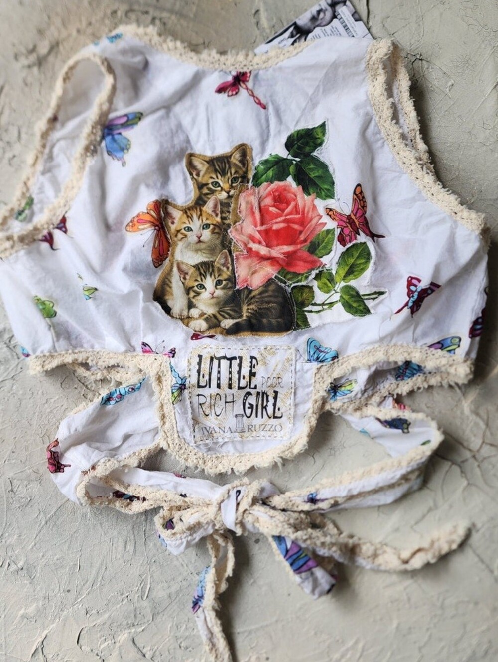Victorian Top Ruffle Upcucled European Cotton Rose Cat Hand Patched Distressing